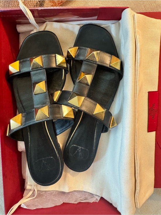 Valentino Shoes - Valentino Flat Black Studded Leather Slide Sandals